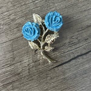 Vintage Gerry’s Rose Brooch, Blue Enamel Roses, Gold Brooch